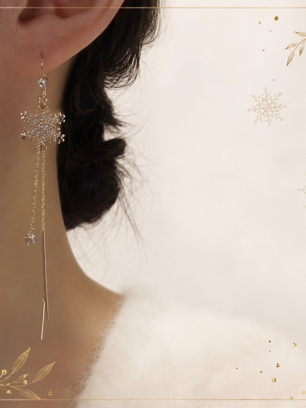 Gold Snowflake Drop Earrings Crystal Chain